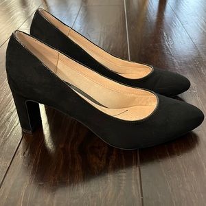 Comfortable black velvet slip-on fit, and tapered approx 2.75in block heel.